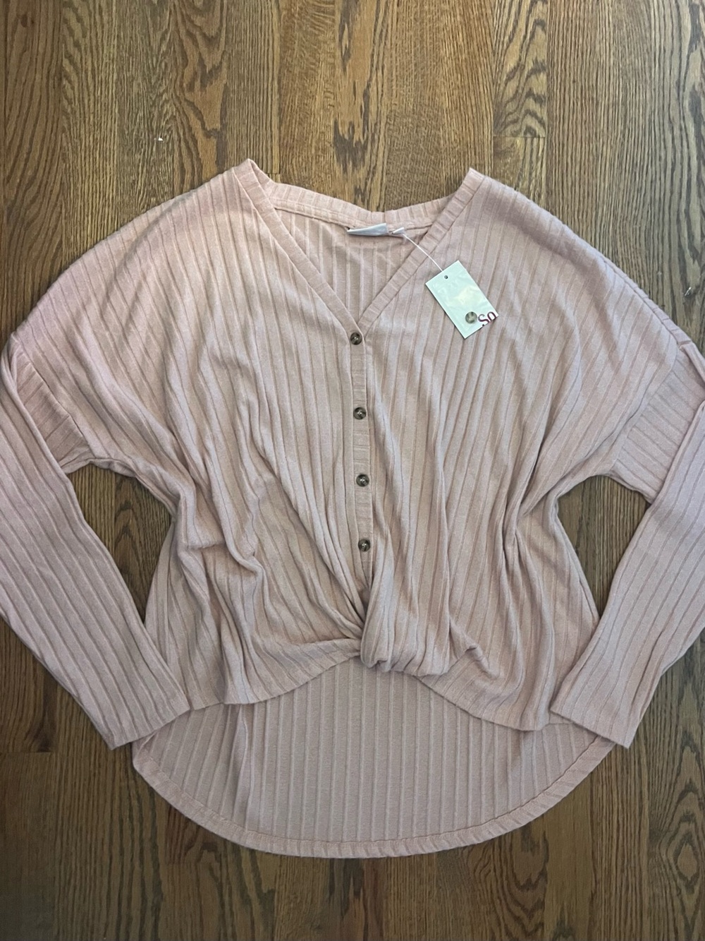 NWT Ribbed Button-Front Twist Hem Top in Dusty Blush